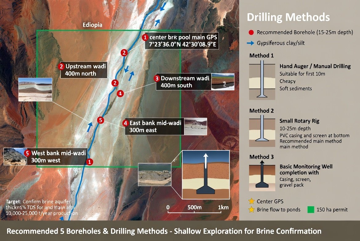 Concept map: five proposed exploration boreholes and drilling methods